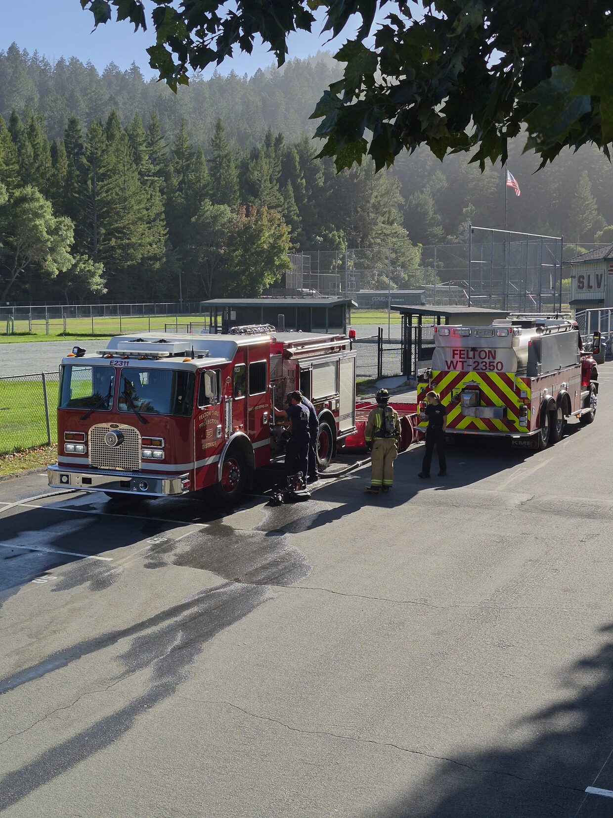 Felton Fire Engine 2311 and Water Tender 2350 with crew during Sunday training at San Lorenzo Valley High School